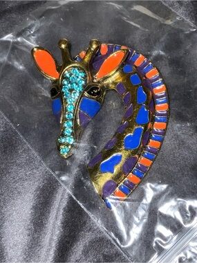 Colorful Giraffe Enamel Brooch with Turquoise Rhinestones BEAUTIFUL GIRAFFE NEW